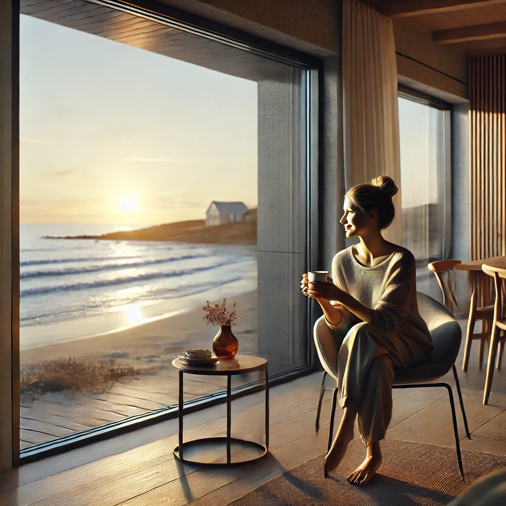 Dall·e 2024 11 13 17.15.04 A Highly Realistic Photo Of A Woman Named Marta, Seated Comfortably By A Large Modern Window In Her Coastal Home, Enjoying A Cup Of Tea. Marta Is Look