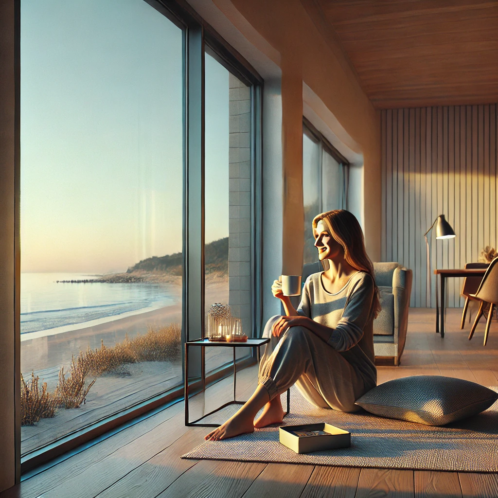 Dall·e 2024 11 13 17.15.07 A Highly Realistic Photo Of A Woman Named Marta, Seated Comfortably By A Large Modern Window In Her Coastal Home, Enjoying A Cup Of Tea. Marta Is Look